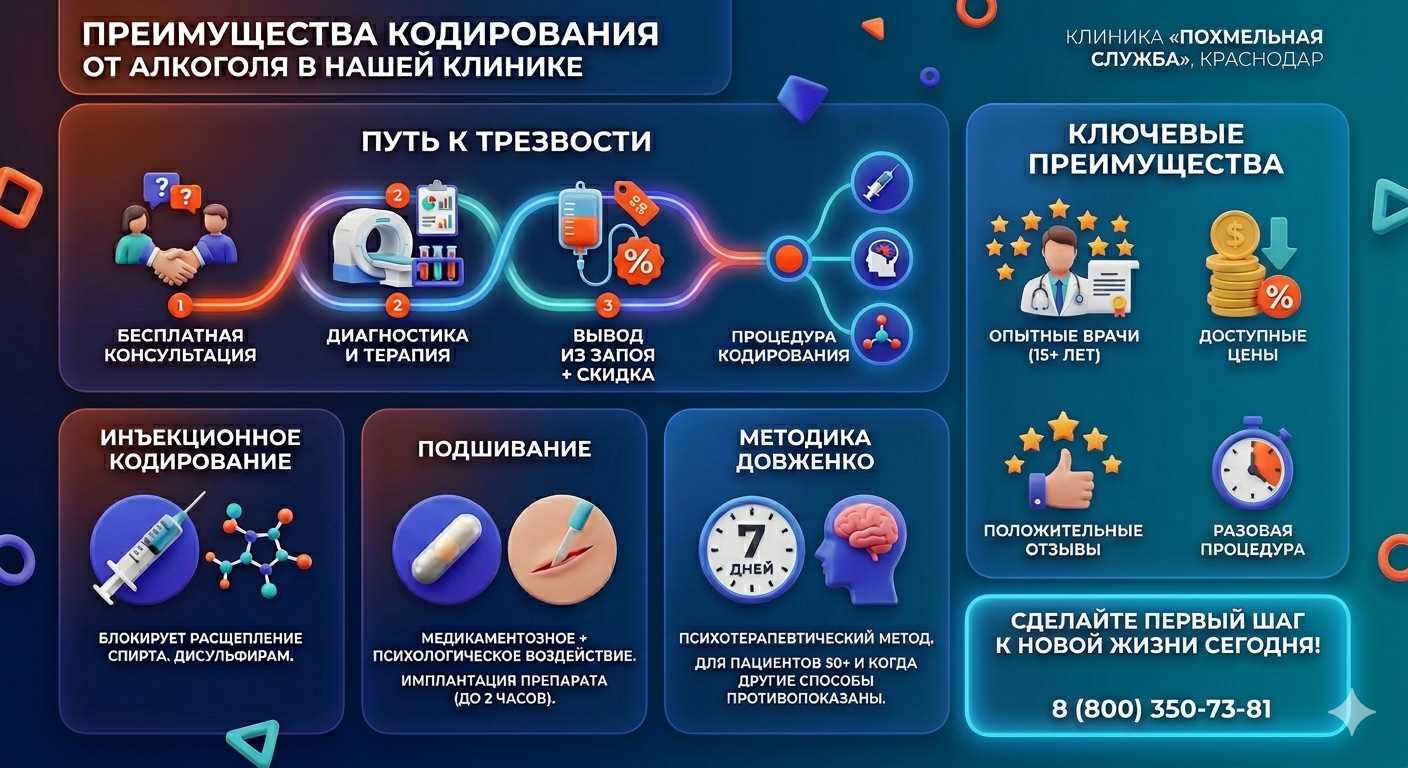 Инфографика о методах кодирования от алкоголя в Шуе: инъекции, подшивание, метод Довженко. Преимущества клиники и этапы лечения.